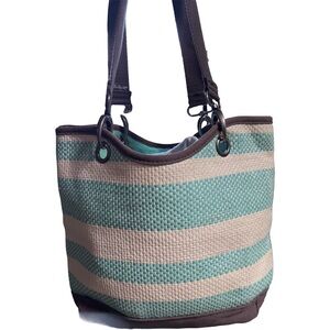 Thirty One Woven Striped Tote Bag - Teal and Cream